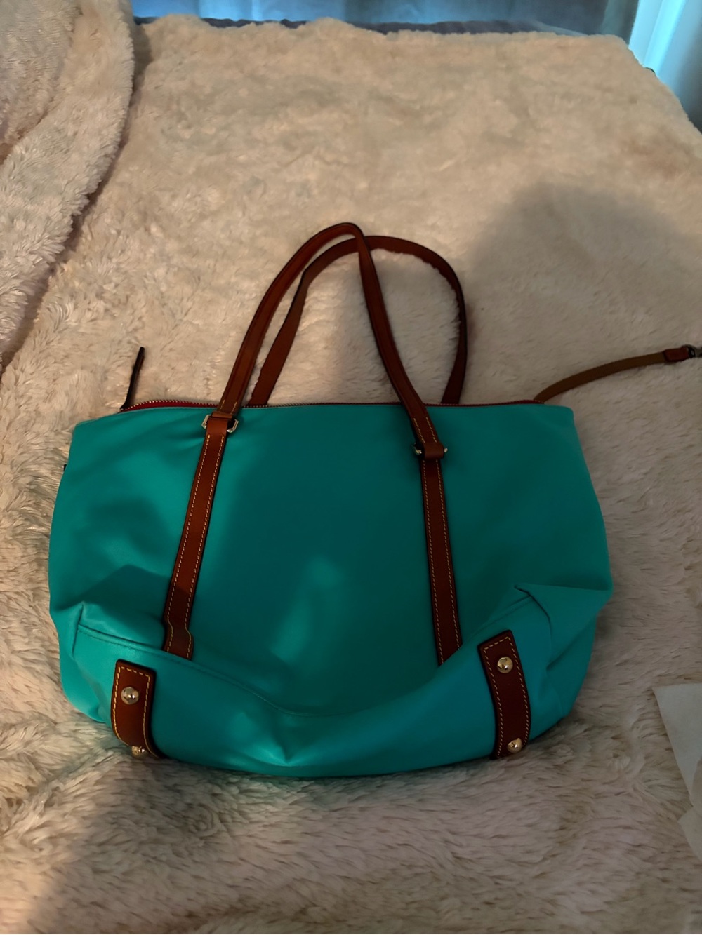 Dooney & Bourke Turquoise Nylon Tote with Brown Leather Trim - Picture 9 of 9